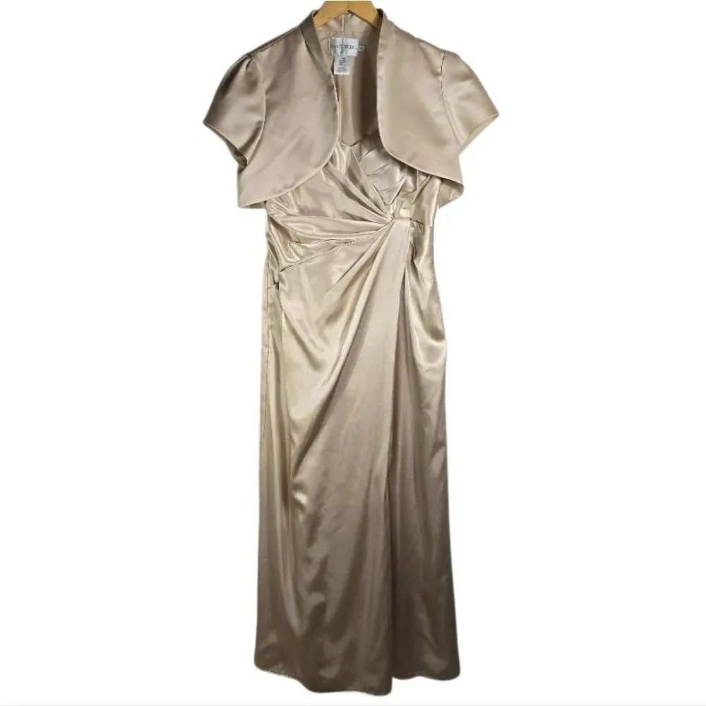 David’s Bridal Champagne Satin Gown w/ Bolero Formal Evening Dress Size 10/12